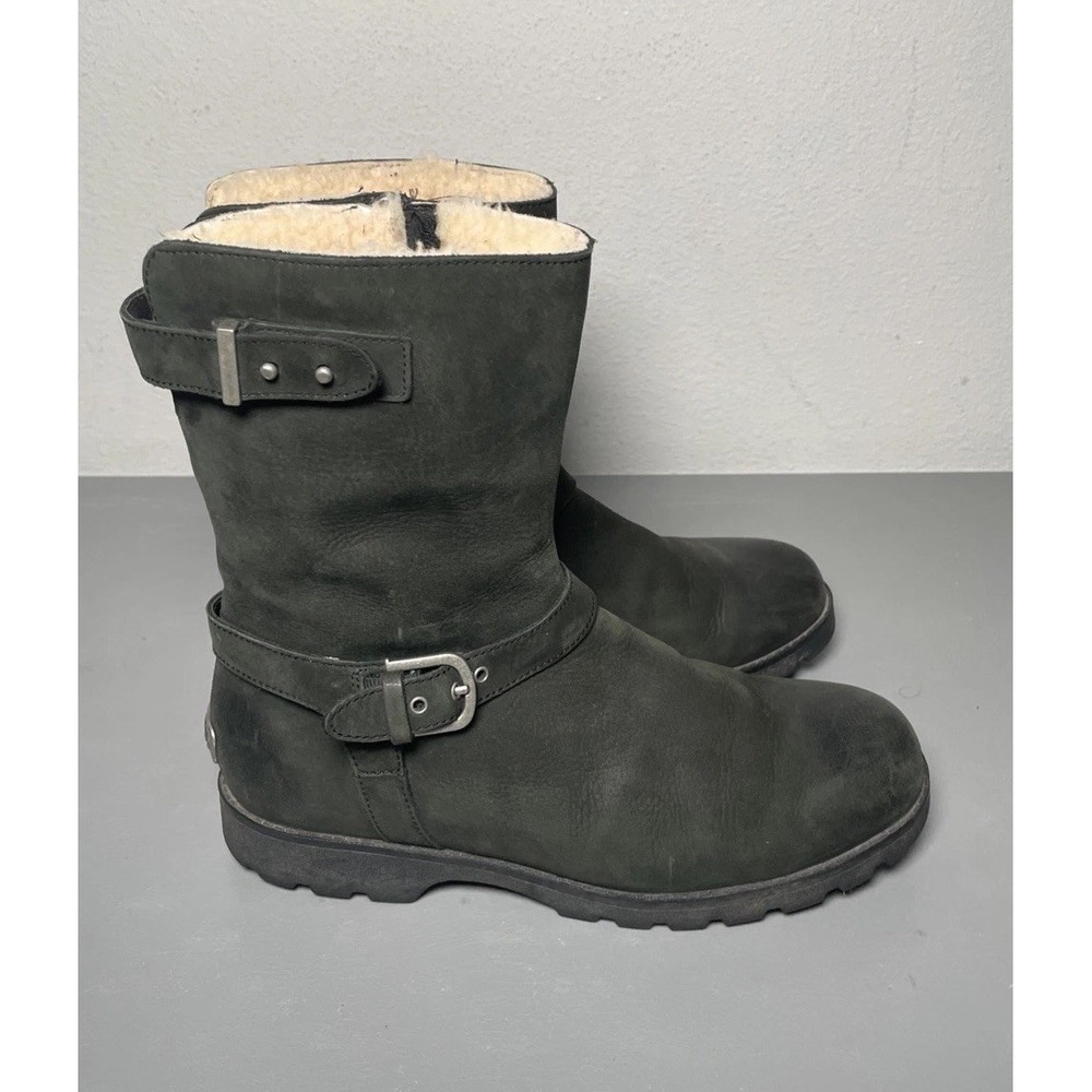 UGG Grandle Boots Black Suede Shearling Lined Buckle Moto Women's Size 8